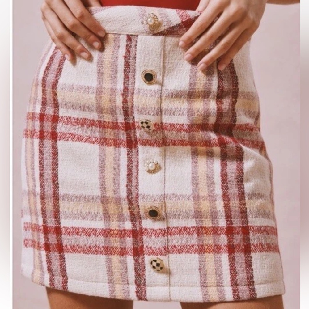 Sister Jane Dream Plaid Tweed Mini Skirt | Size M | Red Cream |Button Front